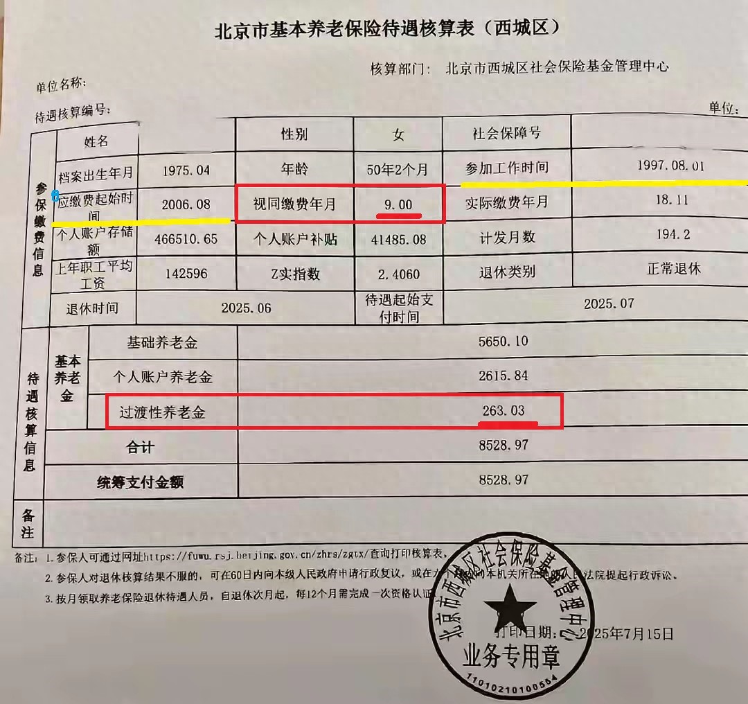北京养老金核算表解读：视同缴费年限9年过渡养老金为何这么少
